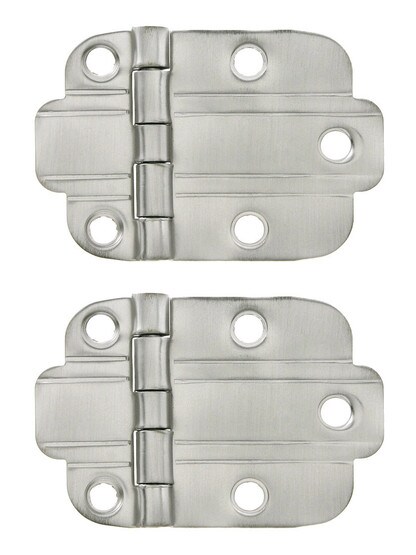 Pair of Solid Brass Art Deco Surface Cabinet Hinges in Satin Nickel.